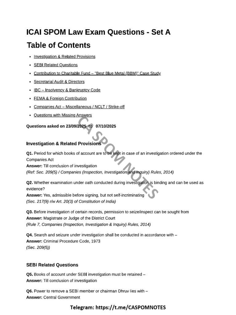 ICAI SPOM Law Questions Set A | PDF