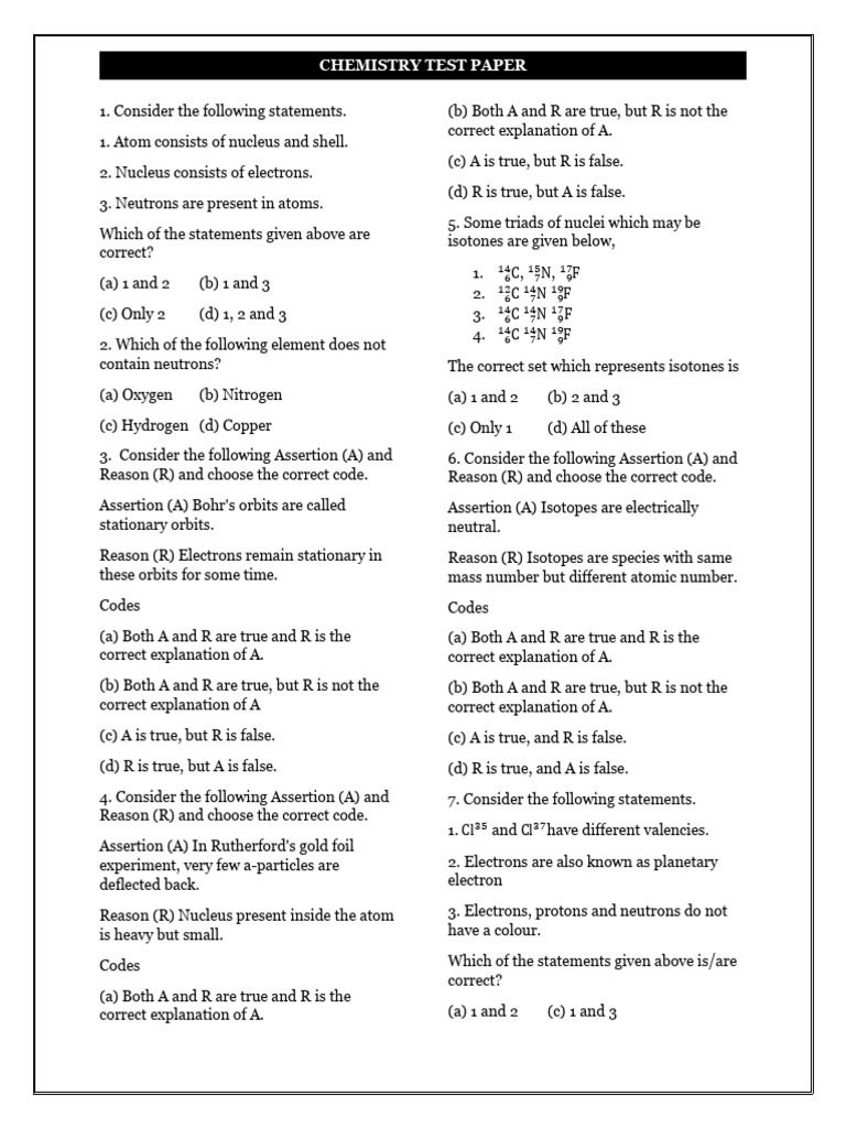 Chemistry Test Paper Questions | PDF | Chemical Elements | Atomic Nucleus