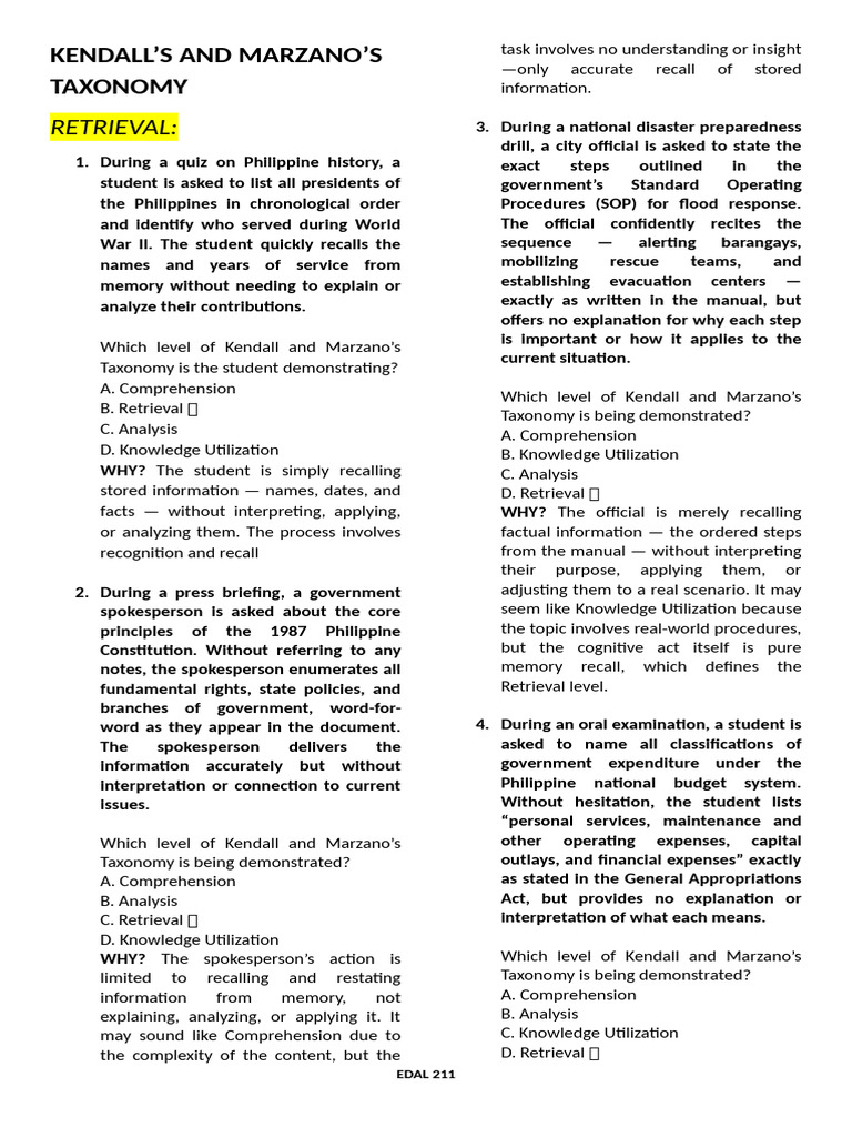 Kendalls and Marzanos Taxonomy Situational | PDF | Metacognition ...
