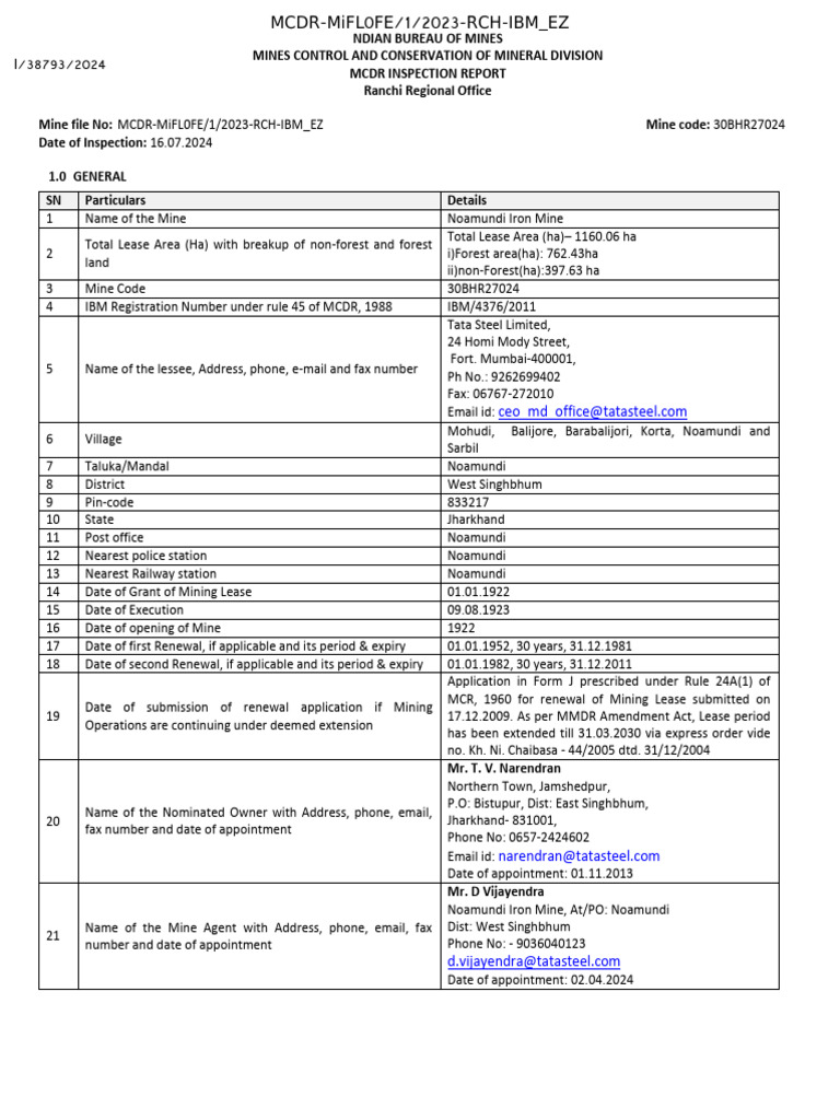 Noamundi Iron Mine Inspection Report | PDF | Mining | Natural Materials