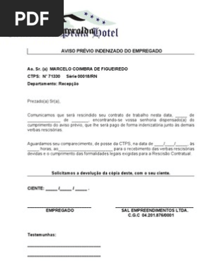 Modelo De Aviso Previo Indenizado Clt - Muitos Modelos