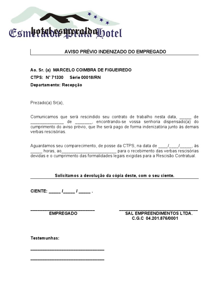 Carta De Demissao Com Aviso Previo Trabalhado Word 