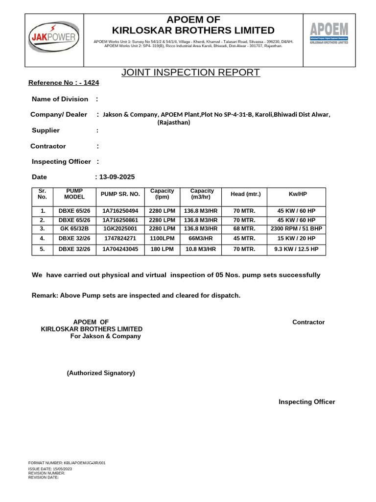 Super Power Joint Inspection Report 1424 | PDF