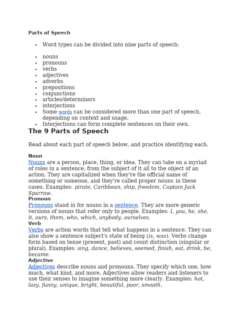 Understanding the 9 Parts of Speech | PDF | Part Of Speech | Subject ...