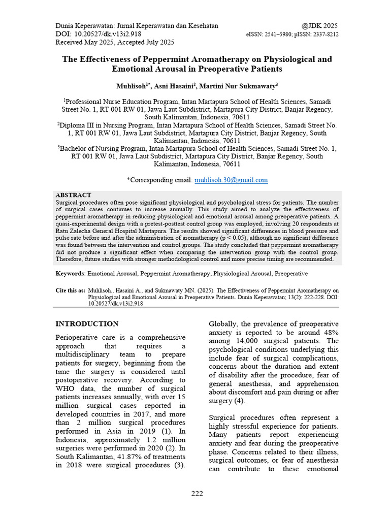 Peppermint Aromatherapy in Preoperative Care | PDF | Blood Pressure ...