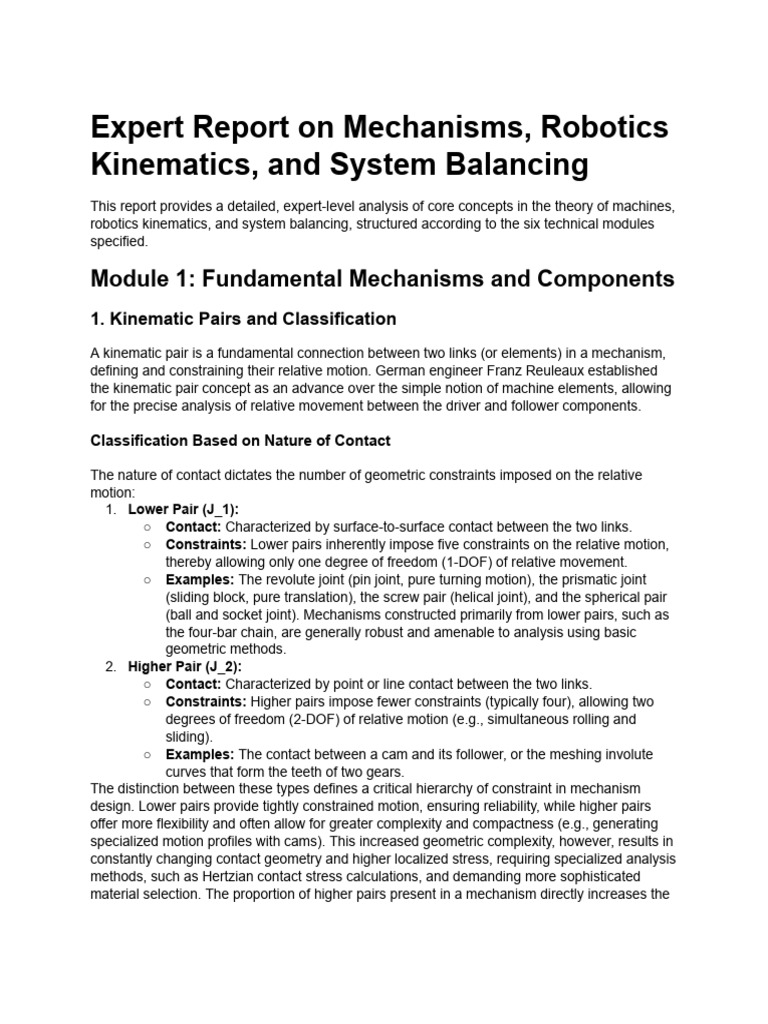 Mechanisms and Robotics Kinematics Report | PDF | Force | Kinematics