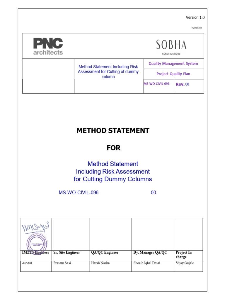 Method Statement for Cutting Dummy Columns | PDF | Demolition | Scaffolding