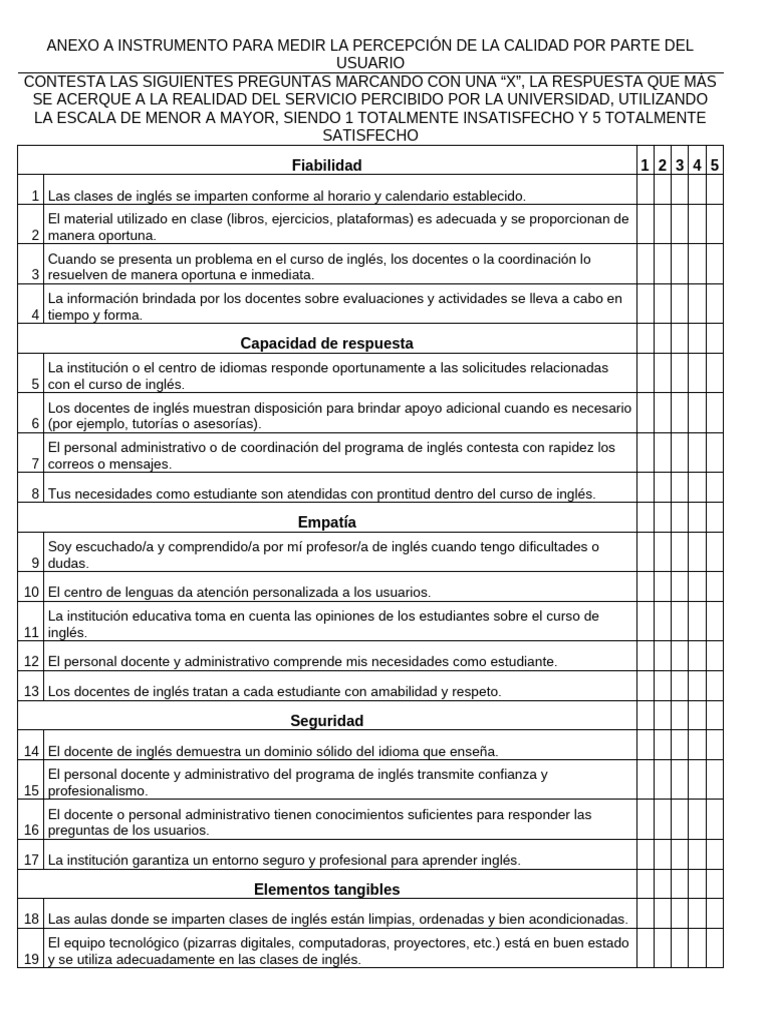 Anexo A Instrumento para Medir La Percepción de La Calidad Por Parte ...
