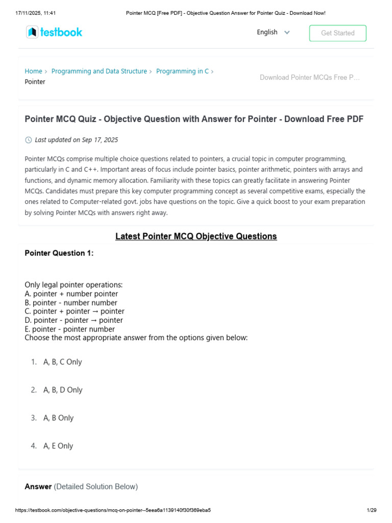 Pointer MCQs Quiz - Free PDF Download | PDF | Pointer (Computer ...