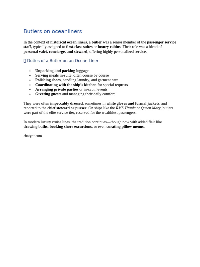 Role of Butlers on Ocean Liners | PDF