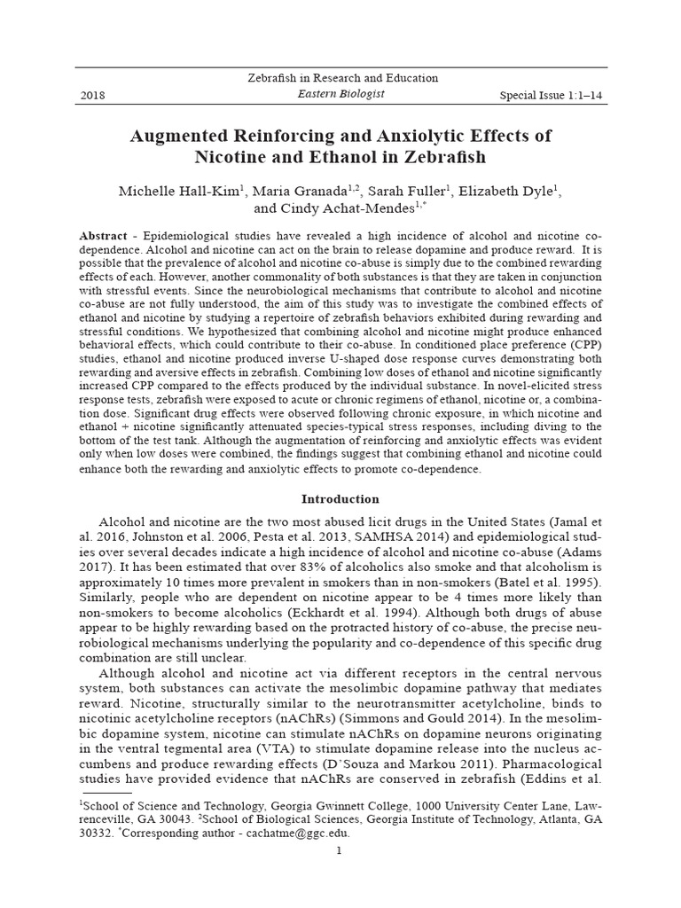 Zebrafish Study on Ethanol and Nicotine Effects | PDF | Dopamine ...
