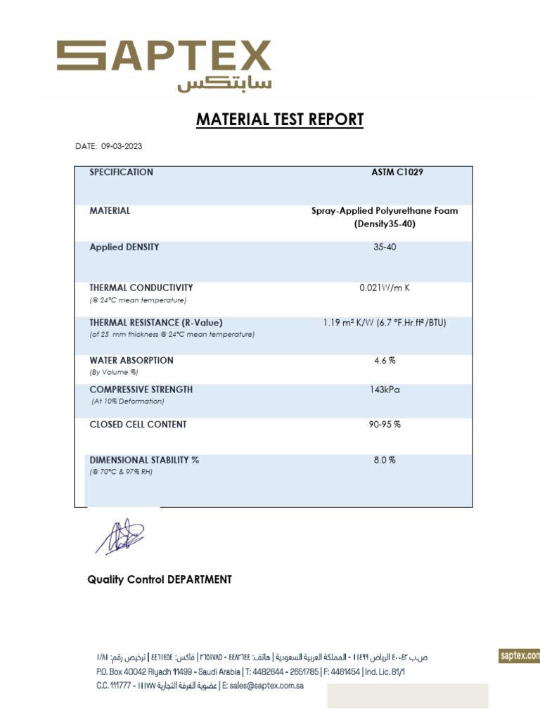 Spray Polyurethane Foam Test Report | PDF