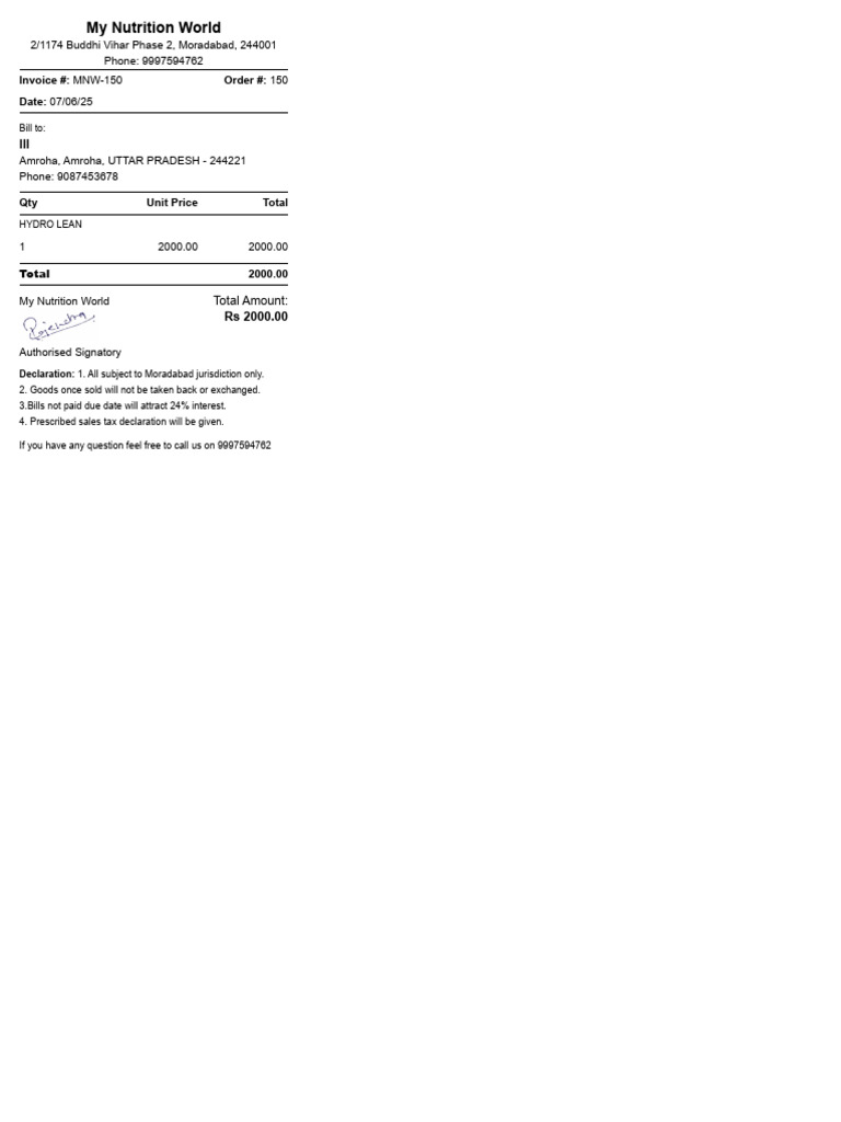 My Nutrition World Invoice MNW-150 | PDF
