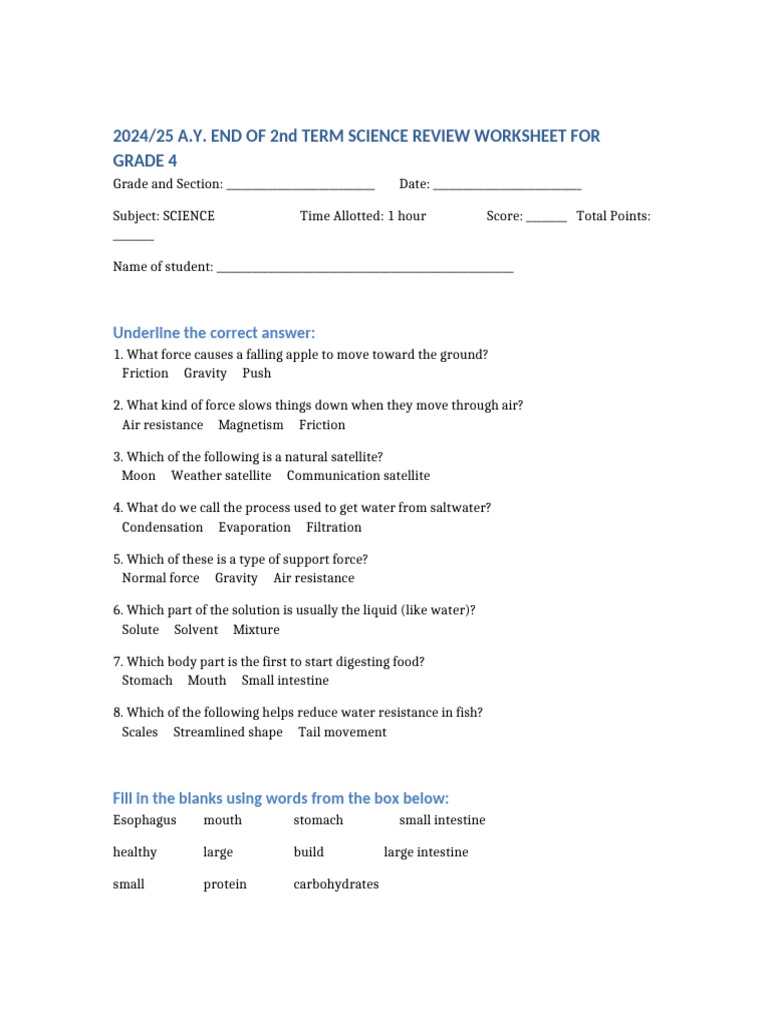 Grade 4 Science Review Worksheet 2024 | PDF | Water | Precipitation
