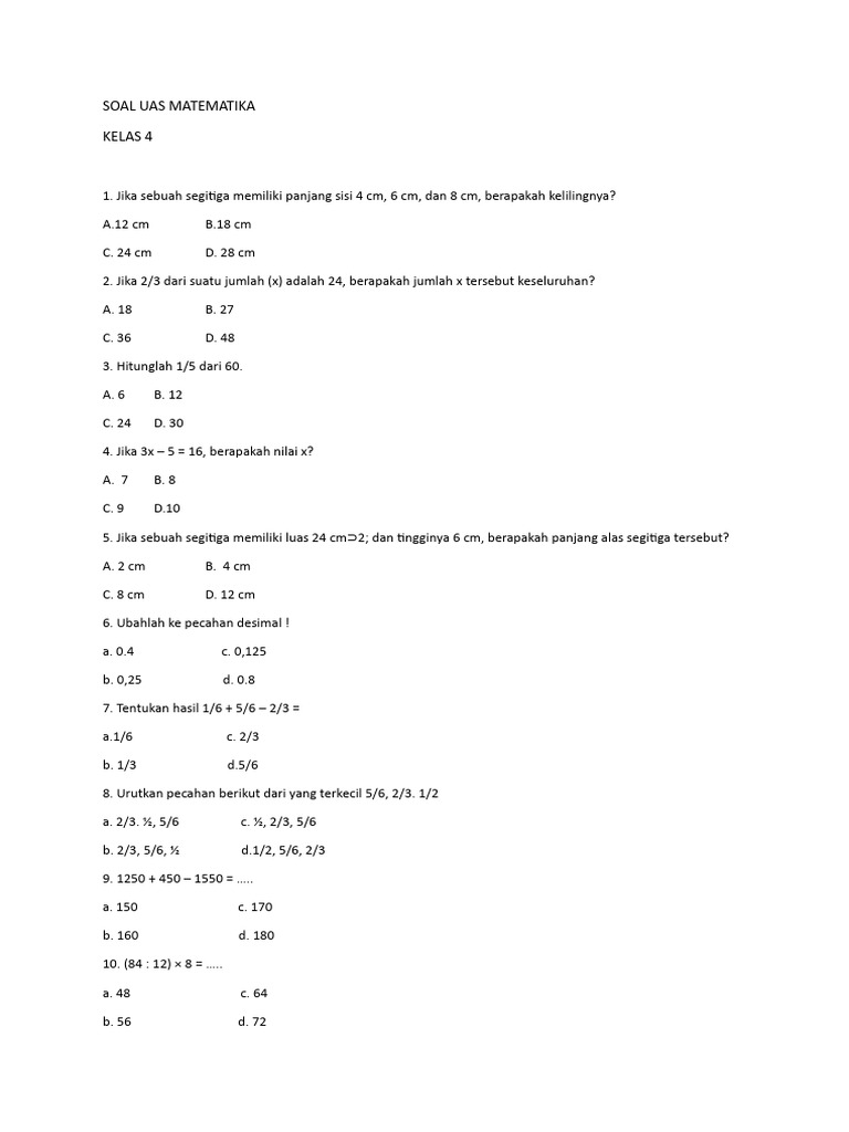 Soal UAS Matematika Kelas 4 dan Kunci | PDF