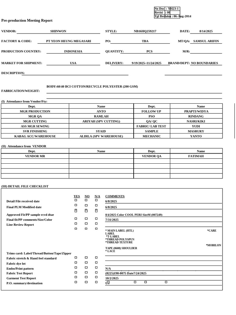 Pre-Production Meeting Report YH23-1 | PDF | Seam (Sewing) | Clothing