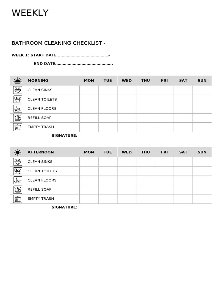 Weekly Bathroom Cleaning Checklist | PDF