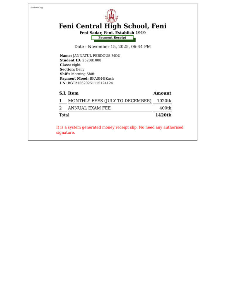 Feni Central High School Payment Receipt | PDF
