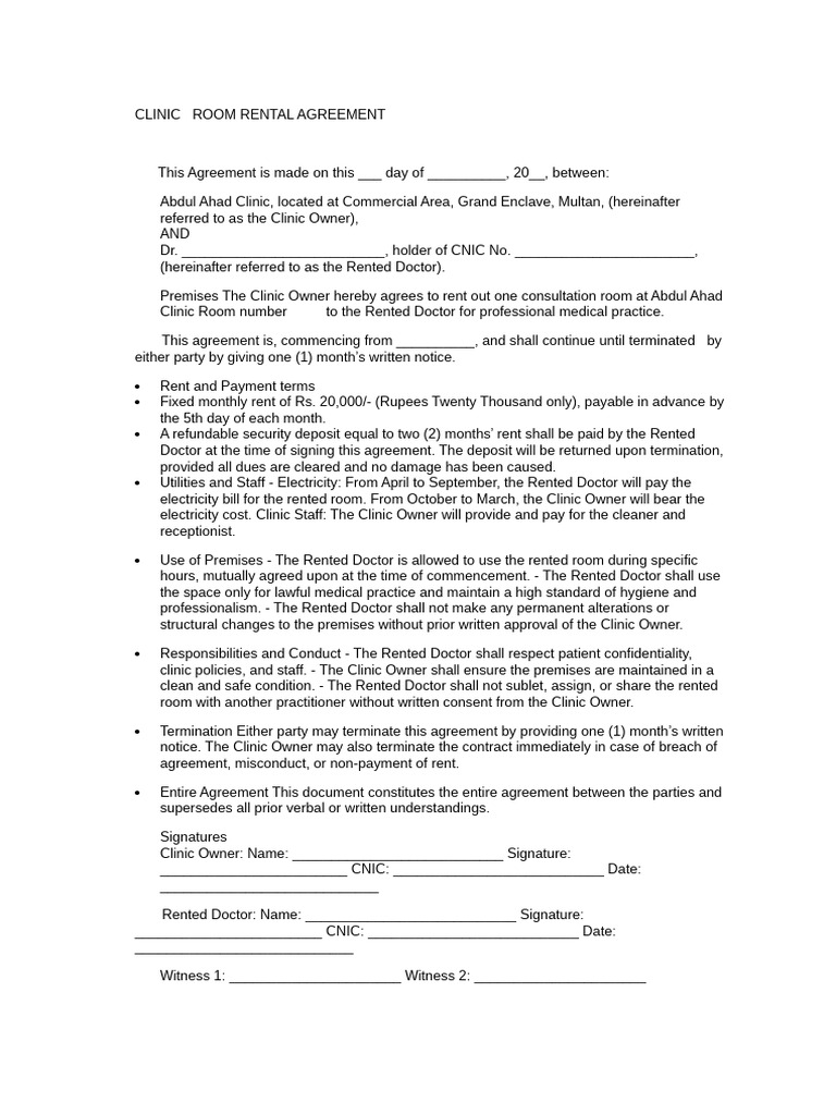 Clinic Rental Agreement Abdul Ahad Clinic | PDF | Lease | Common Law