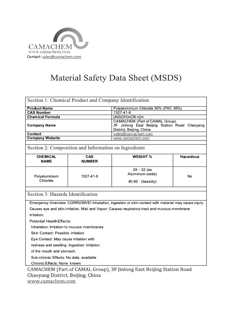 MSDS For 30% Pac | PDF