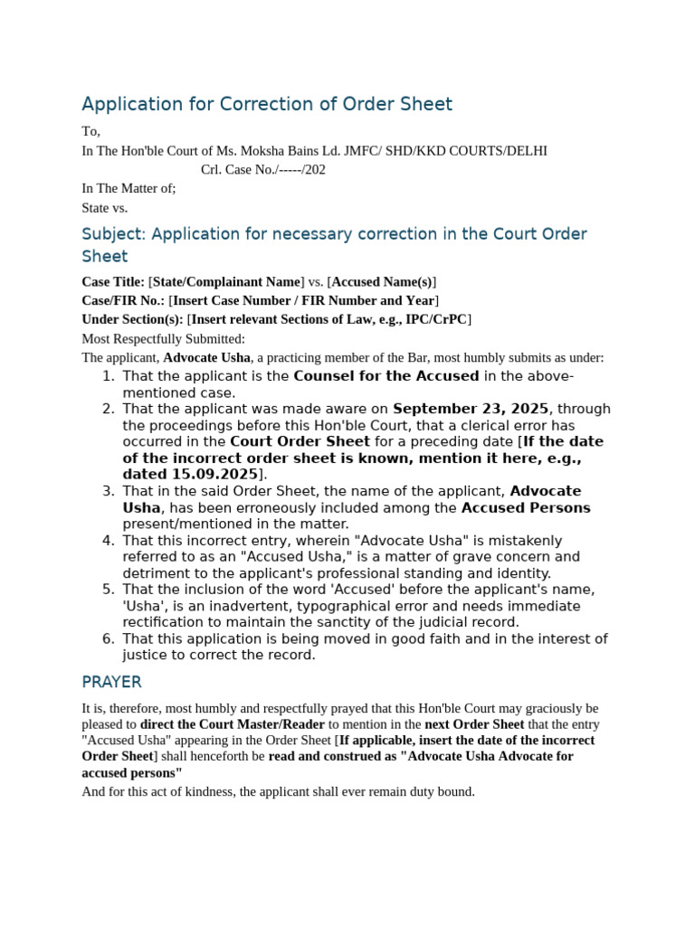 Court Order Sheet Correction Application | PDF