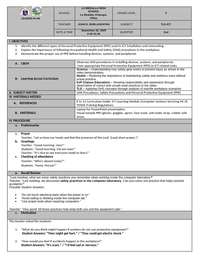 OHS and PPE in ICT: Lesson Plan | PDF | Personal Protective Equipment ...