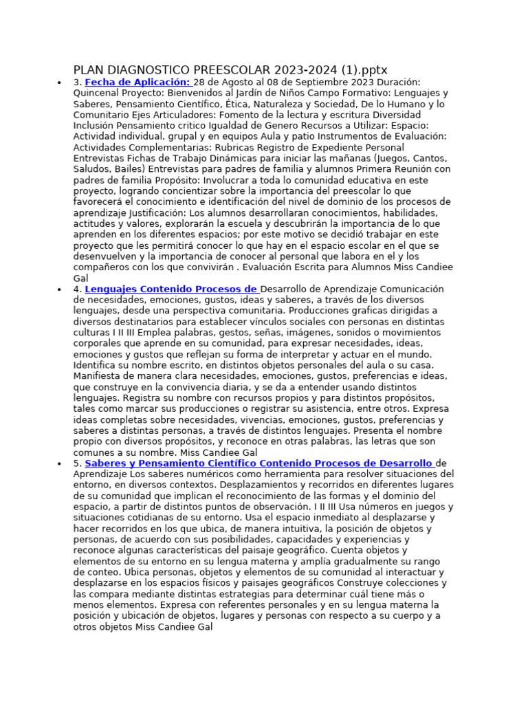 Plan Diagnóstico Preescolar 2023-2024 | PDF | Educación de la primera ...