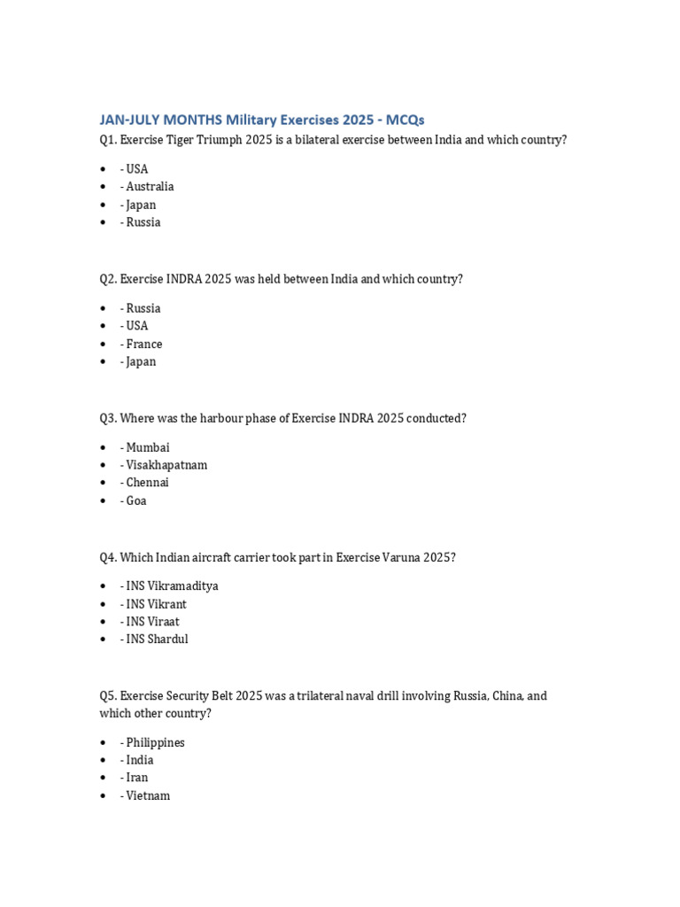 Military Exercises 2025: MCQs & Answers | PDF