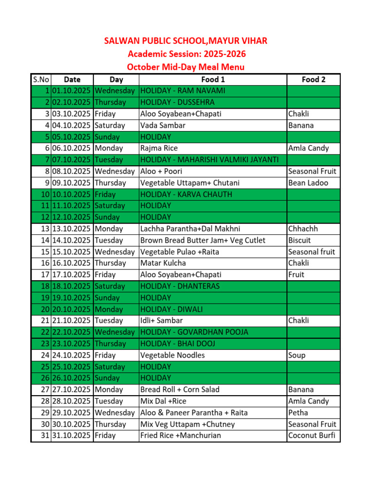October 2025 Mid-Day Meal Menu | PDF