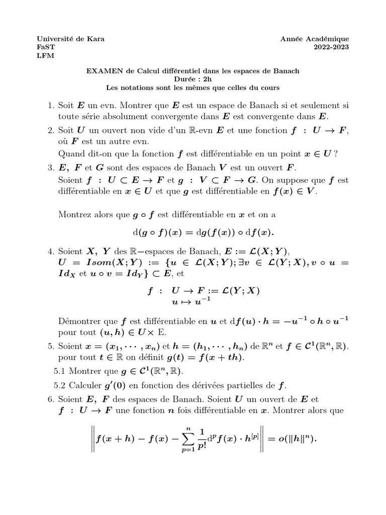 Examen de Calcul Différentiel en Banach | PDF
