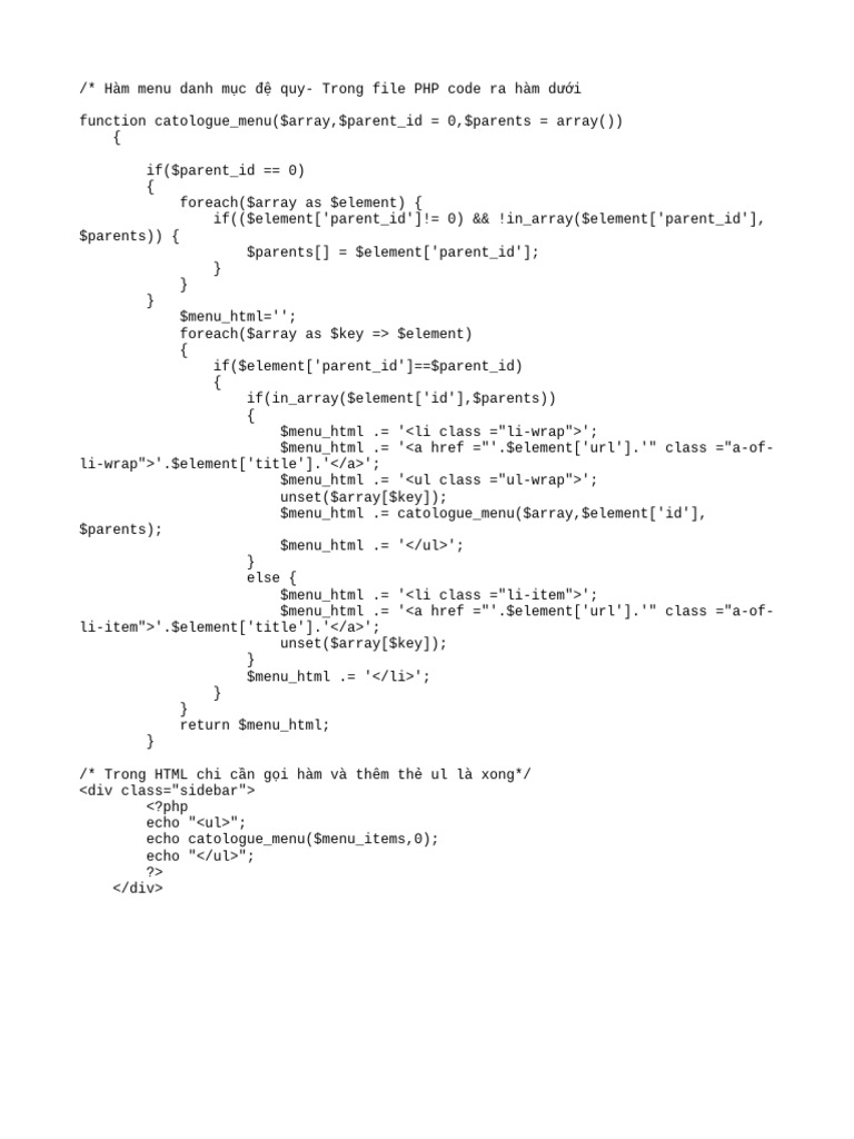 Recursive PHP Menu Function Guide | PDF