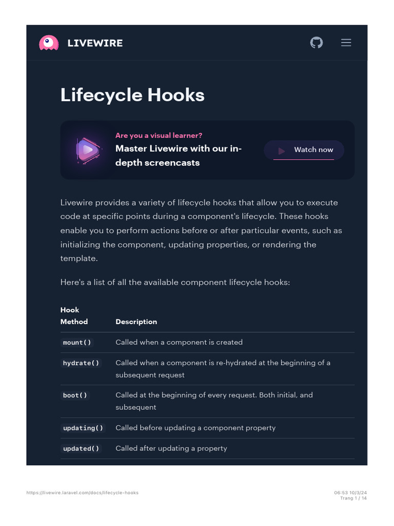 Livewire Component Lifecycle Hooks Guide | PDF | Client–Server Model ...