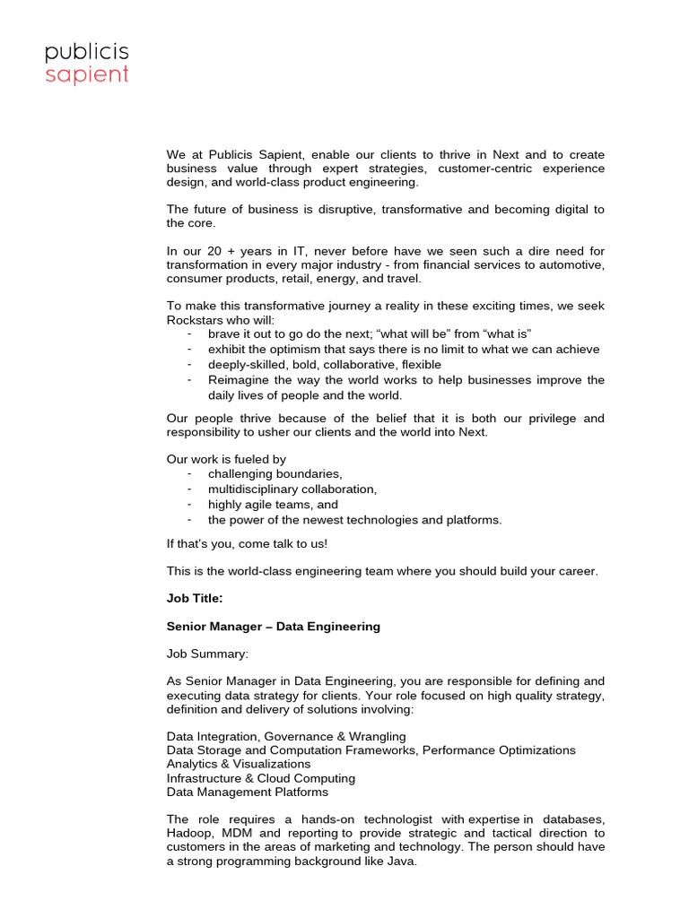 Senior Manager, Data Engineering Role | PDF | Analytics | Marketing