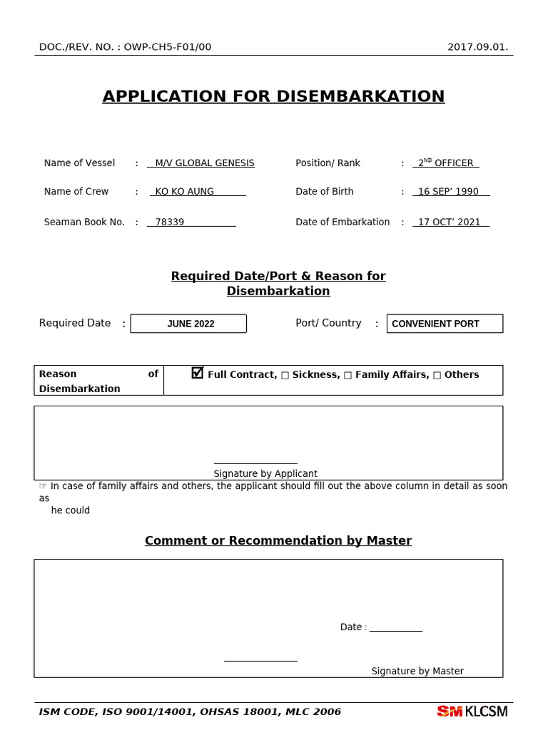 OWP-CH5-F01, Appilcation For Disembarkation | PDF