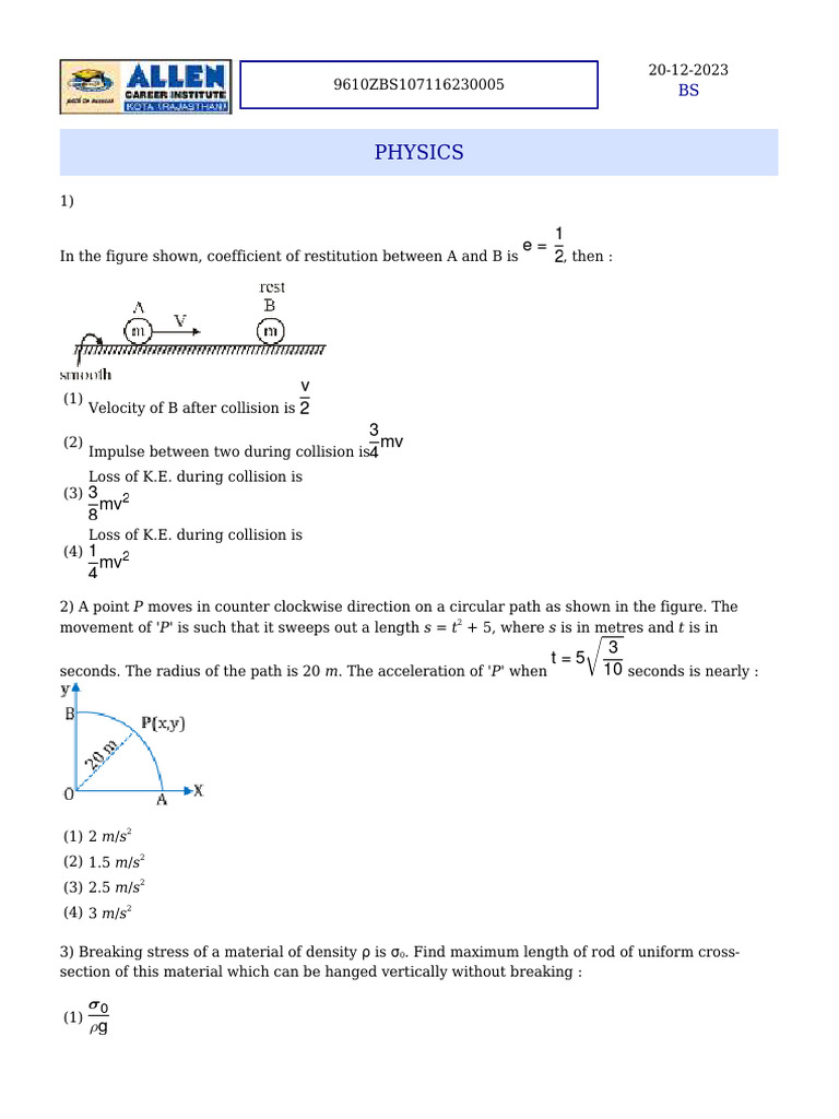 Physics and Chemistry Problem Set | PDF | Physical Chemistry | Applied ...