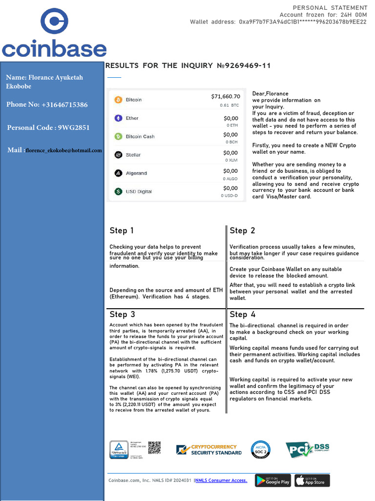 Case No 9269469-11 Coinbase Statement - Florance | PDF | Cryptocurrency |  Service Industries