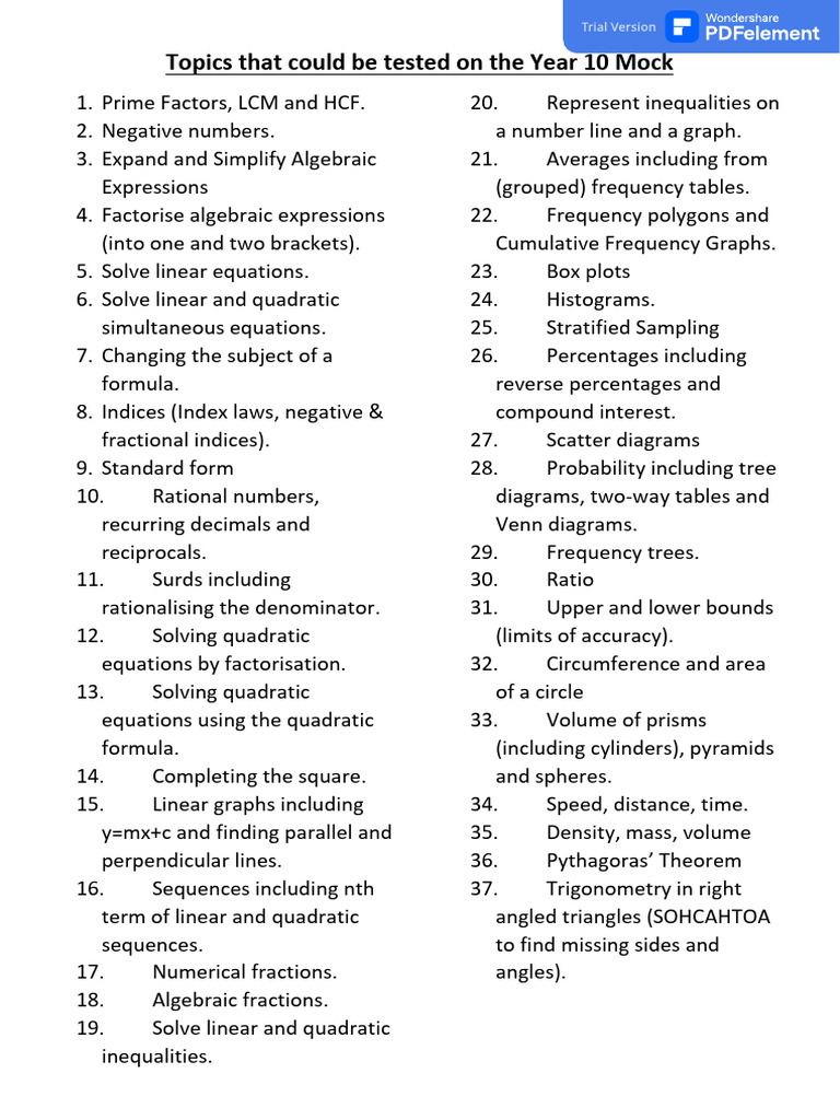 Year 10 Mock Topics | PDF