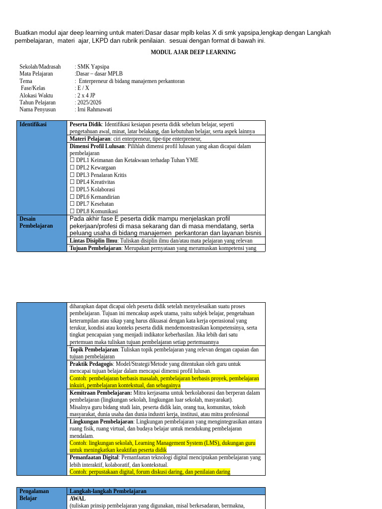 Modul Ajar Deep Learning MPLB Kelas X | PDF