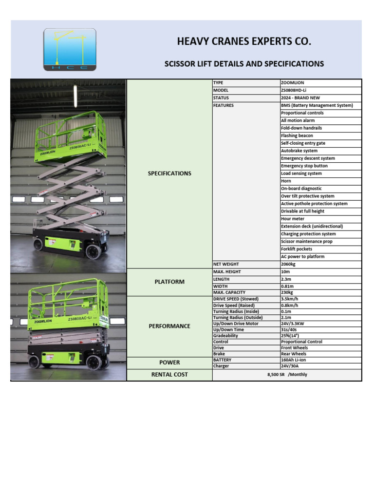 2024 Zoomlion ZS0808HD-Li Scissor Lift Specs | PDF | Land Vehicles
