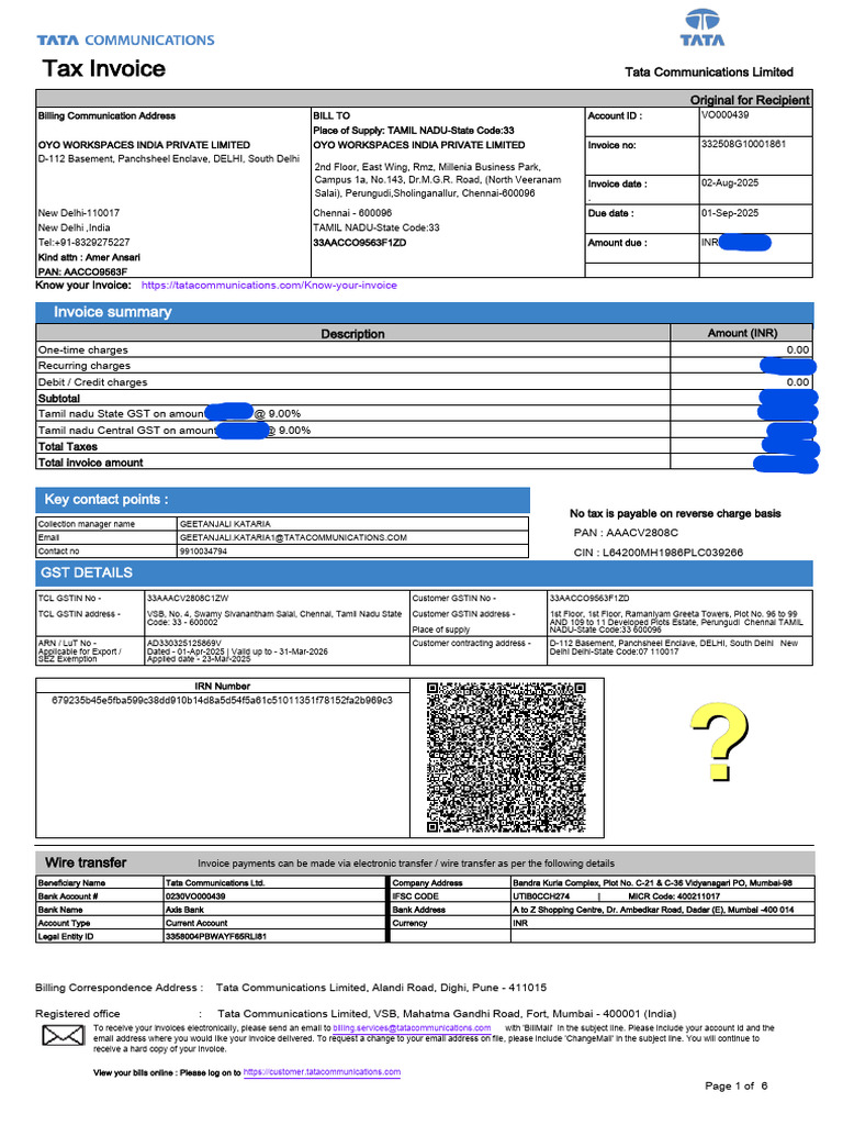 Tata Communications Invoice 332508G10001861 | PDF | Invoice | Payments