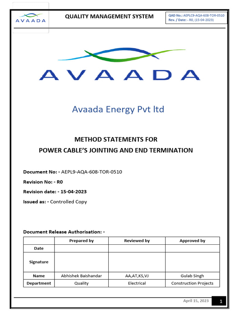 Power Cable Jointing Method Statement | PDF | Insulator (Electricity ...