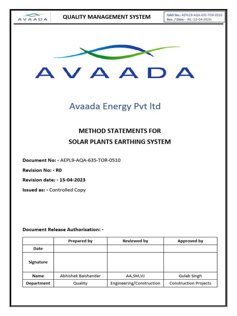 Solar Plant Earthing System Method Statement | PDF | Welding | Construction