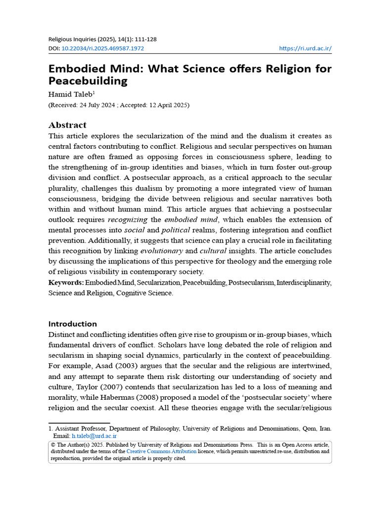 Science, Religion, and Peacebuilding Insights | PDF | Mind | Experience