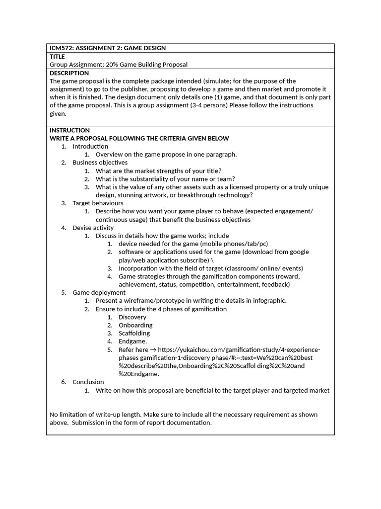 Game Design Proposal Assignment Guide | PDF