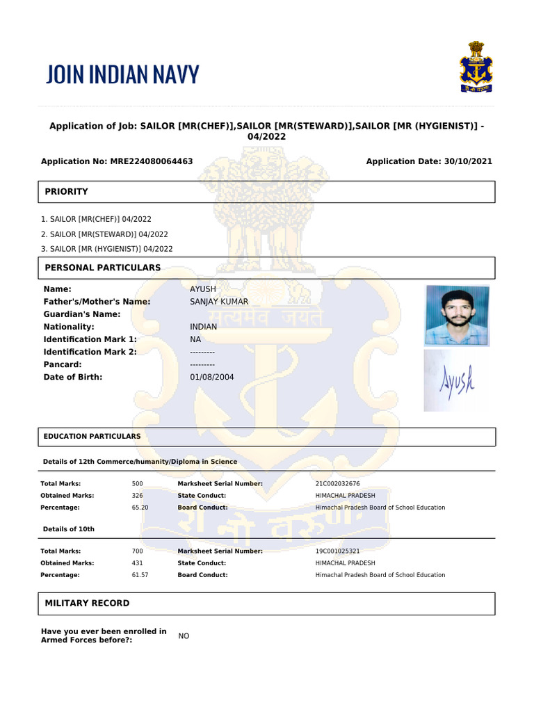 Indian Navy Sailor Application Details | PDF | Crimes | Crime & Violence