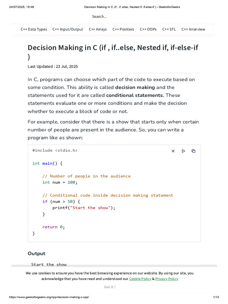 C Decision Making: If, Else, Nested If | PDF | C++ | Control Flow