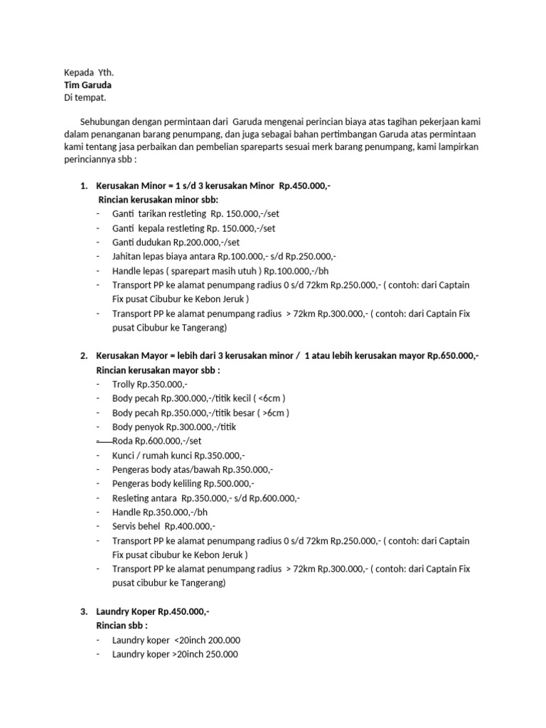 Rincian Biaya Perbaikan Barang Penumpang | PDF