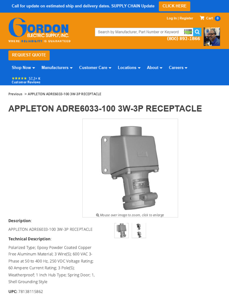 Appleton Adre6033-100 3w-3p RCPT - Gordon Electric Supply, Inc | PDF ...