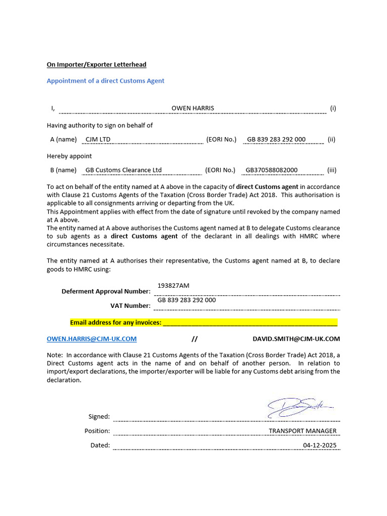 Appointment of Direct Customs Agent | PDF