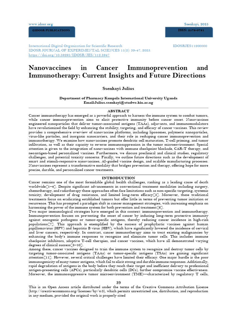 Nanovaccines in Cancer Immunoprevention and Immunotherapy: Current ...